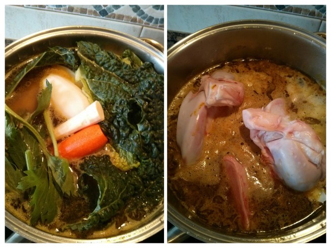 Brou, incorporen l'aigua, els ossos i les verdures